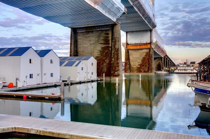 Water homes and bridge in Tacoma, Washington State. Downtown.