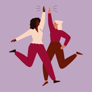 Two animated women are high-fiving while jumping, wearing colorful outfits against a solid purple background.