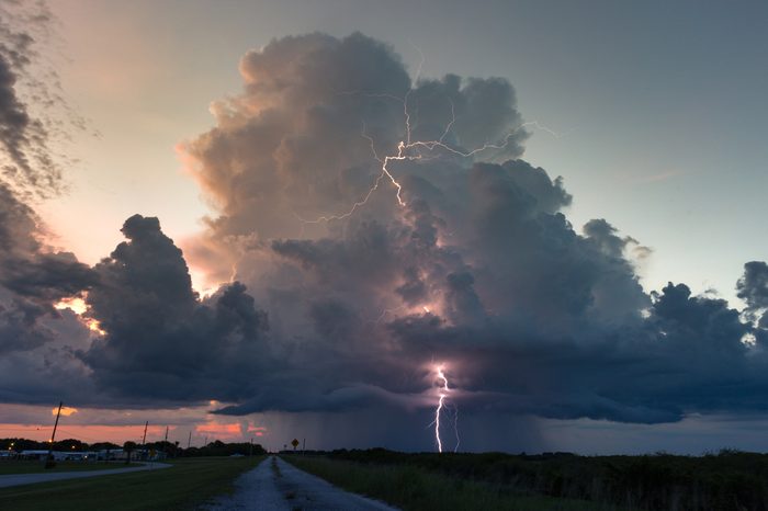 Sunset lightning storm over southern Florida during the peak wet season.