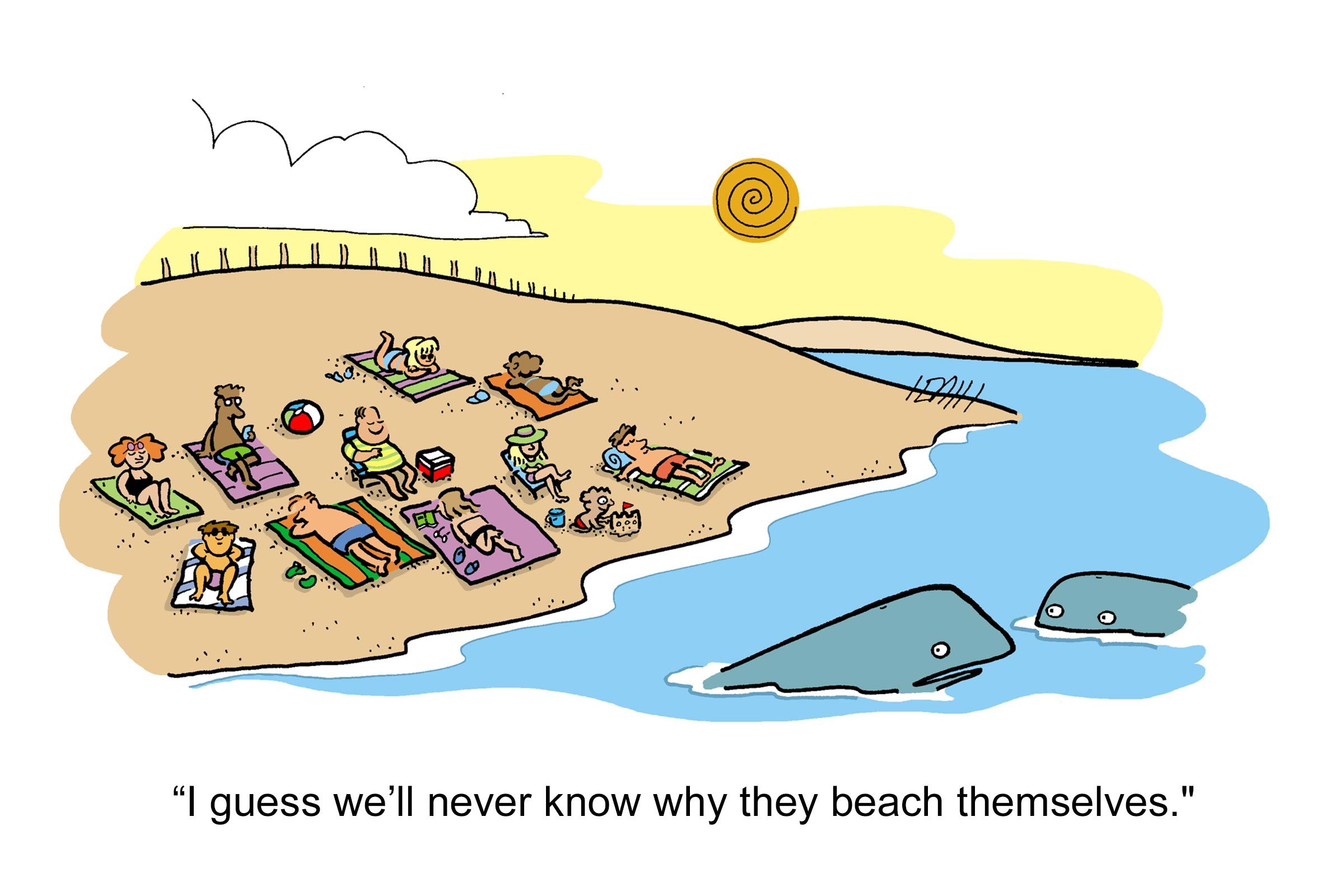 Whales watch sunbathing people on the beach, with the sun in the sky. Caption reads, â€œI guess weâ€™ll never know why they beach themselves.â€