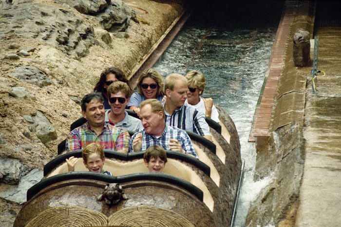 Princess Diana Prince Harry, front row left, and family friend Harry Soames, right, ride of Splash Mountain at Walt Disney World in Lake Buena Vista, Florida on . Riding at back right is Princess Diana. Diana, Harry and Prince William are spending a few private days at the Magic Kingdom