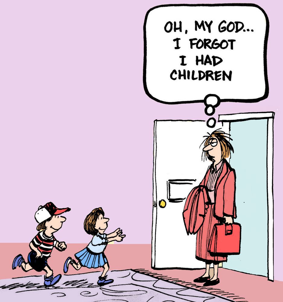 A person stands at a door, thinking "Oh, my God... I forgot I had children," while two kids excitedly run towards them.