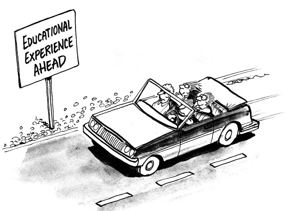Car with three passengers drives toward sign reading, "Educational Experience Ahead," on a simple road with dashed lines.