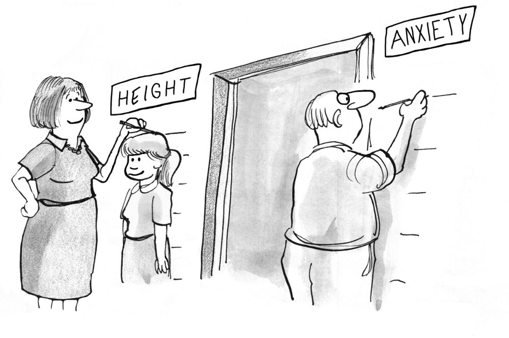 Woman measures child's height while man marks his anxiety on adjacent wall with labeled signs "HEIGHT" and "ANXIETY."
