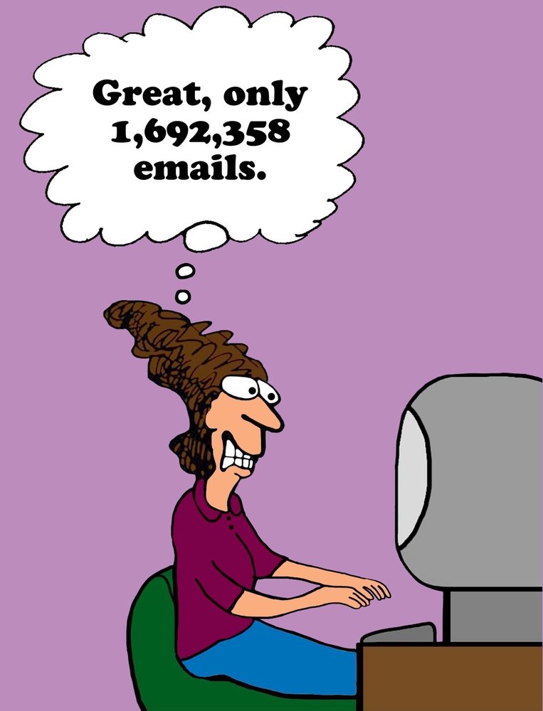 A person types at a computer, thinking, "Great, only 1,692,358 emails," in a cartoon with a purple background.