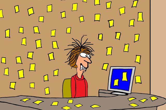 Person sits overwhelmed at a desk covered with sticky notes; walls are also plastered with sticky notes. Text reads: "Today's to do list."