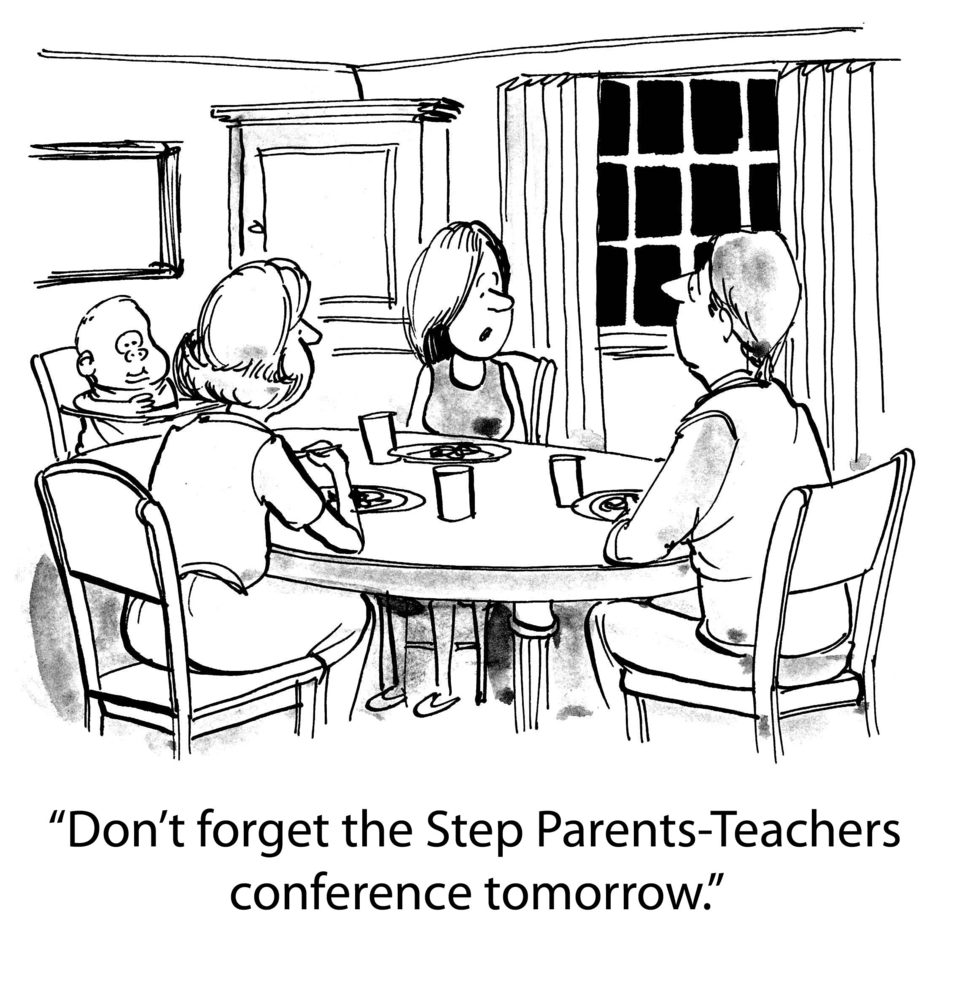 Four people sit at a dinner table, engaging in conversation. Text underneath reads: â€œDonâ€™t forget the Step Parents-Teachers conference tomorrow.â€