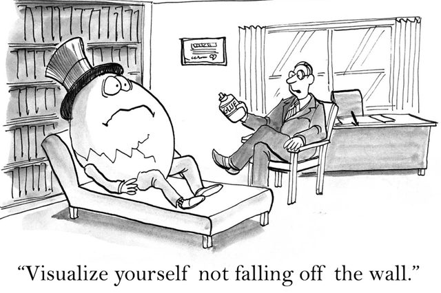 Egg character sits nervously on a therapist's couch; therapist holds glue bottle in office setting. Text reads, â€œVisualize yourself not falling off the wall.â€