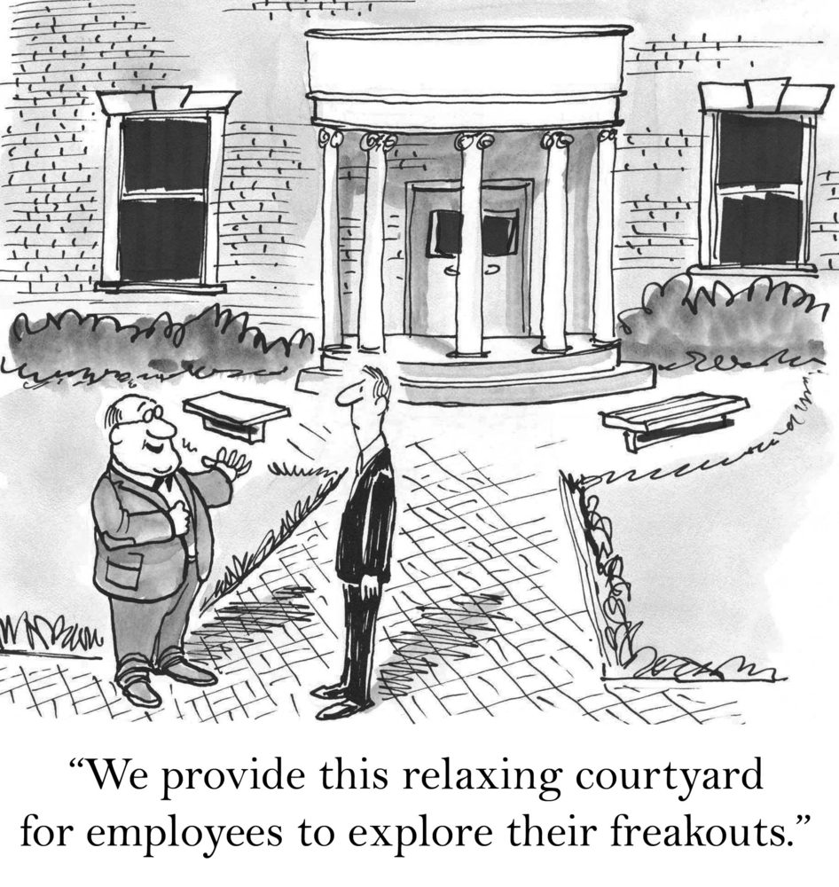 Two men talk outside a building with columns; one gestures, saying, "We provide this relaxing courtyard for employees to explore their freakouts."