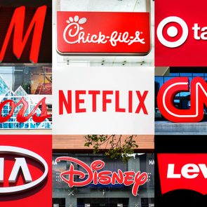 Nine logos in a grid: H&M, Chick-fil-A, Target, Coors, Netflix, CNN, KIA, Disney, Levi's; each on a red background.
