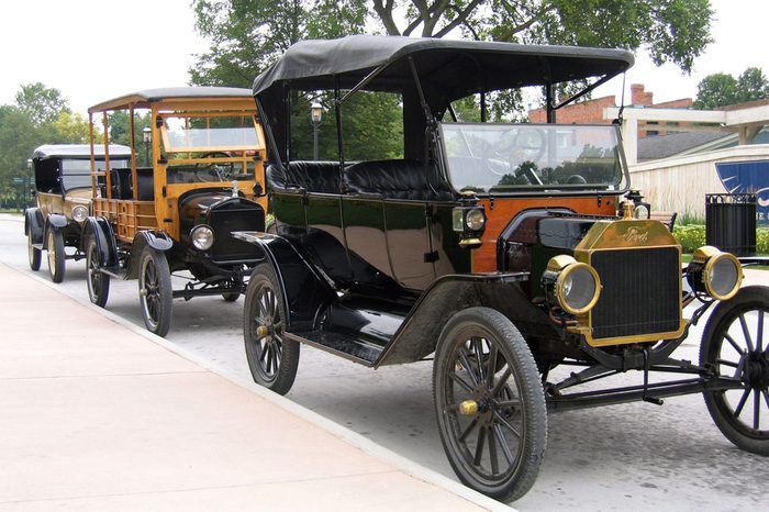 DEARBORN, MICHIGAN-FEBRUARY 3, 2018: Model T Ford automobiles lined up on a street. The cars are in near new condition.