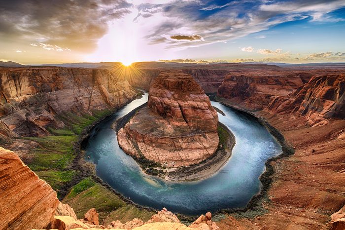Sunset moment at Horseshoe bend Grand Canyon National Park. Colorado River. famous view point.