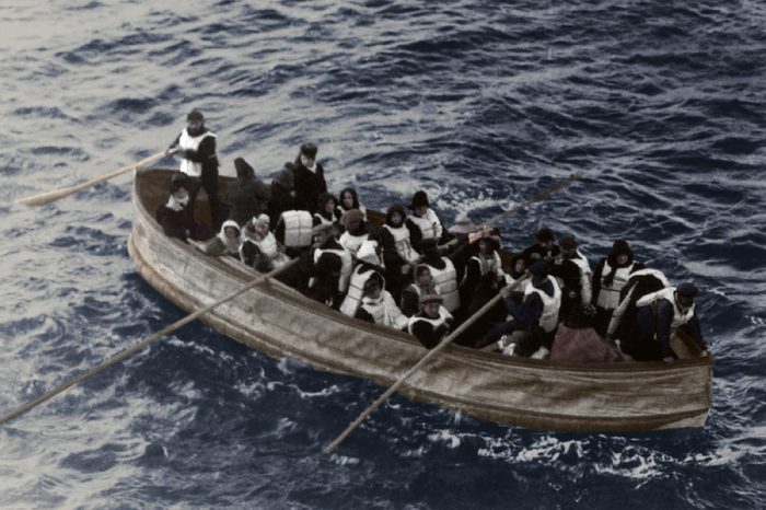 Titanic lifeboat 'Collapsible D' with a wooden bottom and canvas sides was overloaded and towed to the Carpathia by Lifeboat No 14 not in photo.