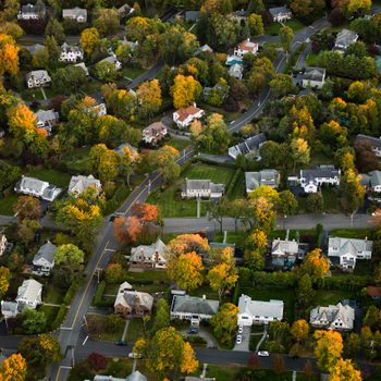 Aerial view of suburban houses interspersed with vibrant autumn trees, connected by winding roads in a residential neighborhood.