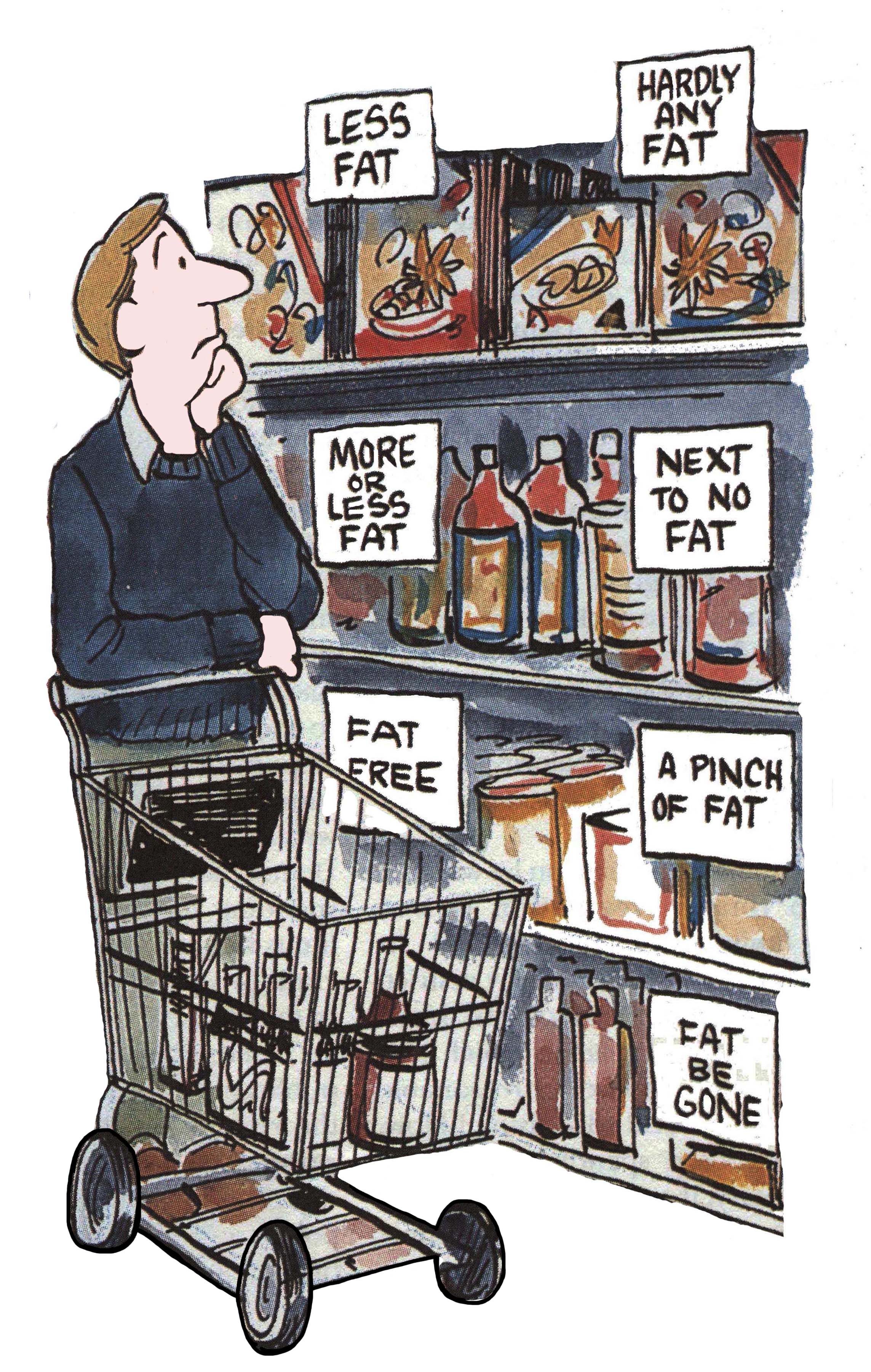 Person stands pondering, with a shopping cart, in front of shelves labeled with various low-fat products in a grocery store.
