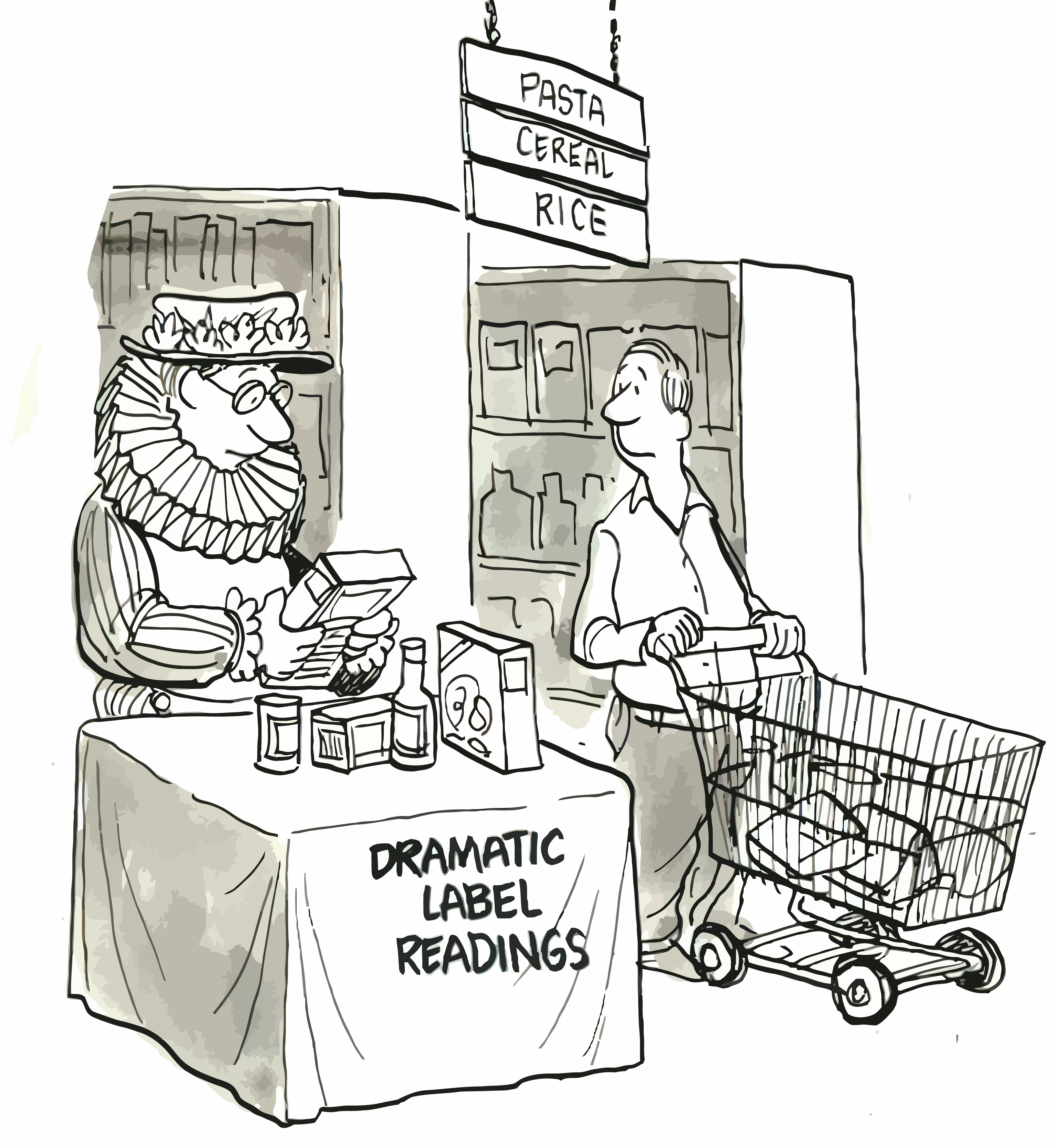 Person reads labels dramatically at a grocery store table labeled "DRAMATIC LABEL READINGS," while a shopper watches with a cart. Sign says "PASTA CEREAL RICE."