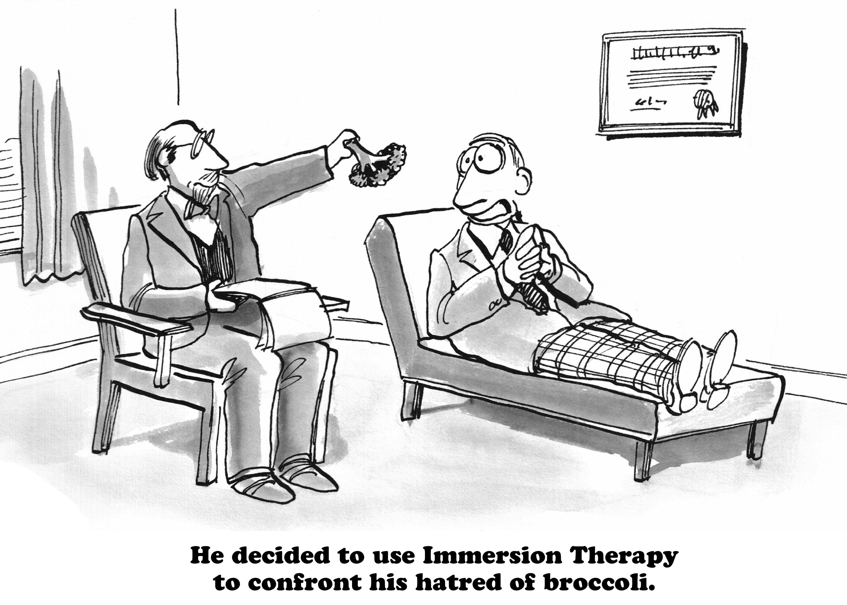 Therapist holds broccoli, showing it to a patient on a couch in an office. Text: "He decided to use Immersion Therapy to confront his hatred of broccoli."