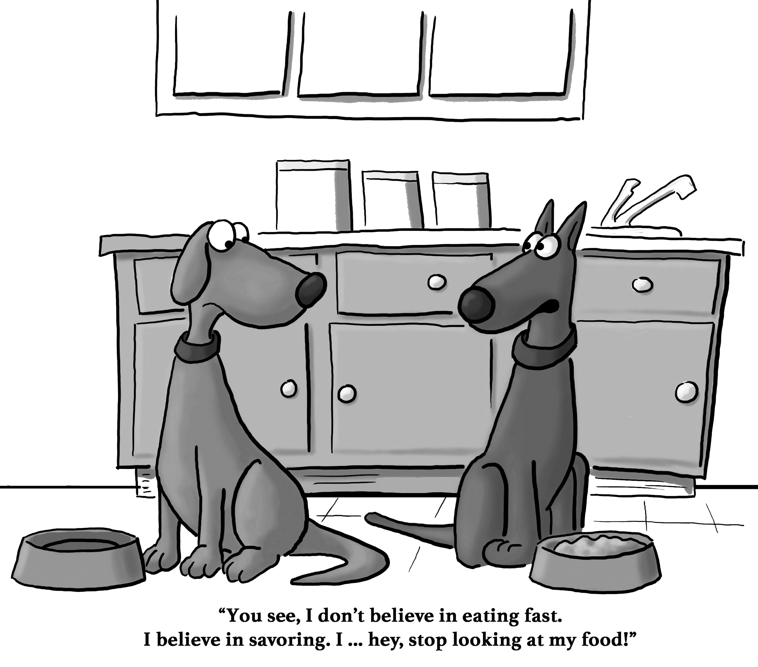 Two dogs sit in a kitchen, one talking humorously about savoring food while the other looks at its bowl.