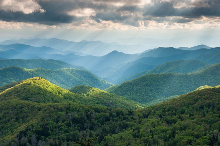 North Carolina Great Smoky Mountain Scenic Landscape with Light Rays and Spring Greens
