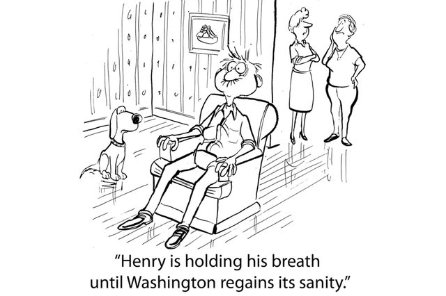 Man sits holding breath; dog watches; two people observe; indoors with striped wallpaper. Text: â€œHenry is holding his breath until Washington regains its sanity.â€