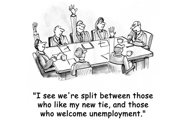 People raise hands around a conference table; caption discusses opinions on a new tie versus unemployment.