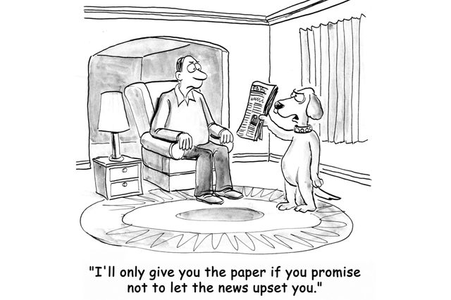 Dog holds newspaper, speaks to seated man in living room with lamp and rug. Text: "I'll only give you the paper if you promise not to let the news upset you."