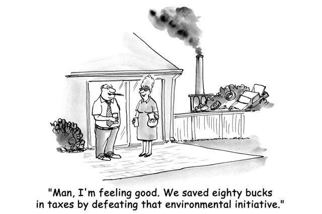 Man talks to woman outside, holding drink. Smoking factory chimney, piles of waste visible. Caption: "Man, Iâ€™m feeling good. We saved eighty bucks..."