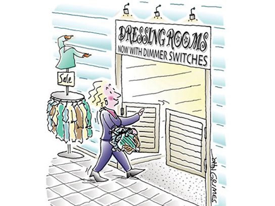 Woman enters brightly lit dressing room, adjusting dimmer switch, carrying clothes in store. Sign reads: "Dressing Rooms Now with Dimmer Switches."