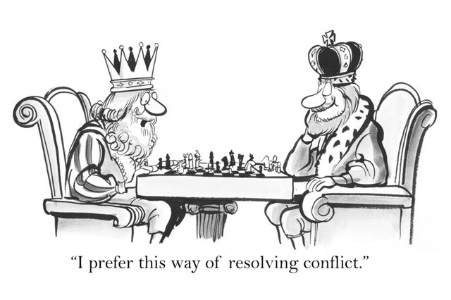 Two kings play chess, sitting on ornate chairs. Text: "I prefer this way of resolving conflict."