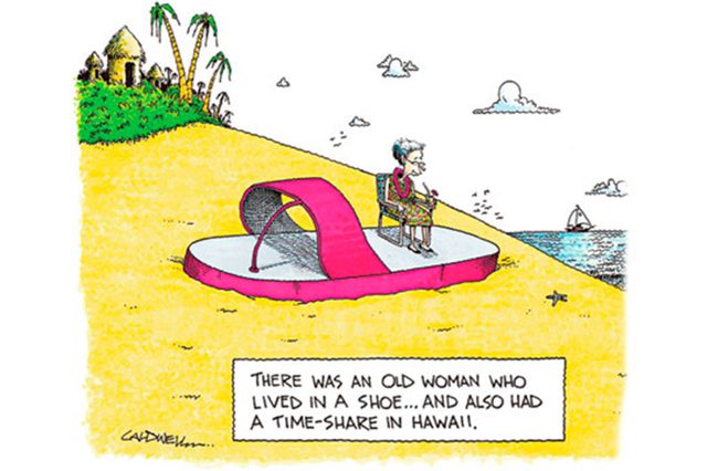 Elderly woman sits on giant sandal on a sandy beach; text reads, "There was an old woman who lived in a shoeâ€¦and also had a time-share in Hawaii."