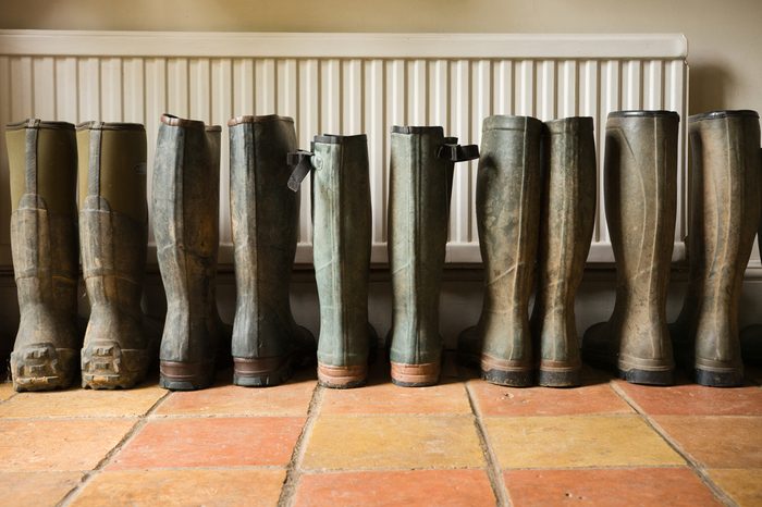 Wellington boots by the back door. Wellington boots (commonly referred to as 'welly's) are an iconic part of rural British lifestyle.