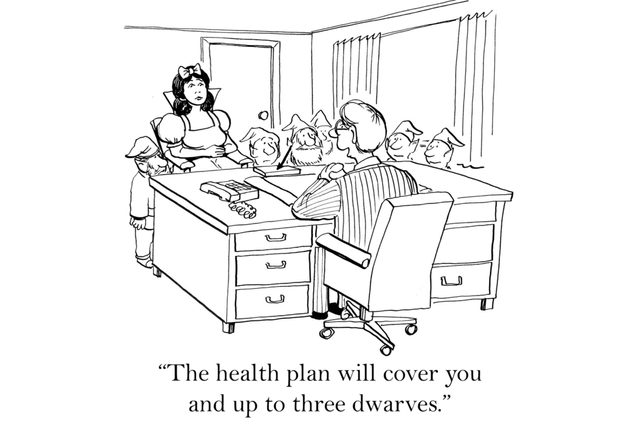 A woman sits with seven dwarves before a suited man at a desk. Caption: â€œThe health plan will cover you and up to three dwarves.â€