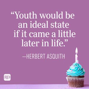 Cupcake with blue icing and lit candle; quote by Herbert Asquith: 