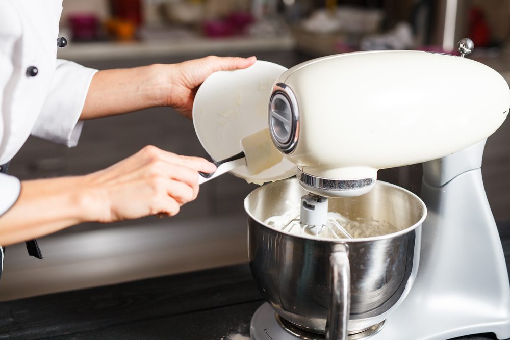 Food processor to kneading dough for bread. Manufacturing process of sweet cake