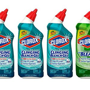 Four Clorox toilet bowl cleaners stand side by side, displaying colorful labels with red caps, emphasizing germ-killing and stain removal properties on white background.