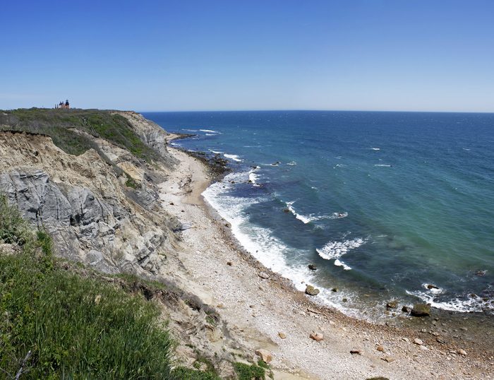 View of the Mohegan Bluffs section of Block Island located in the state of Rhode Island USA.