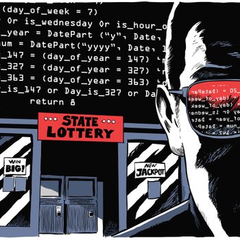A face wearing reflective sunglasses, showing code, stands near a lottery store with signs reading "STATE LOTTERY," "WIN BIG!" and "NEW JACKPOT."