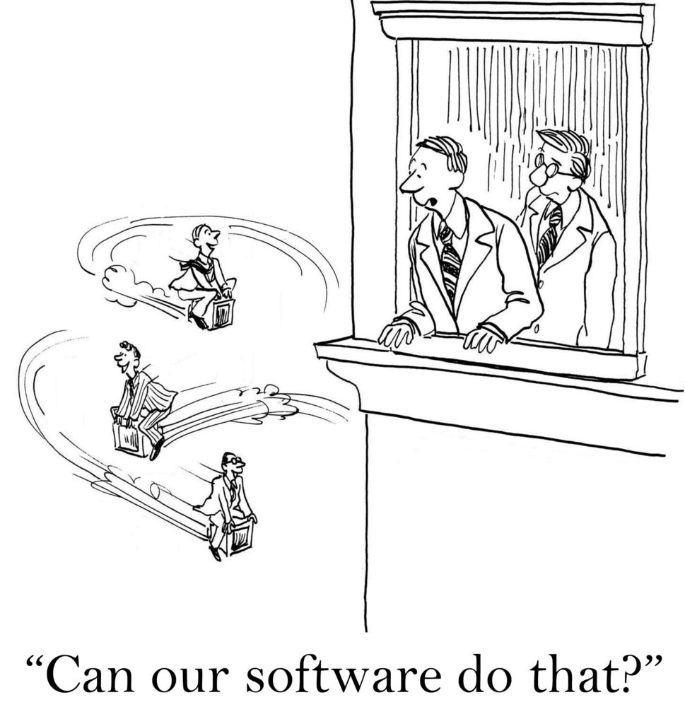Workers ride on briefcases like hoverboards; two businessmen watch from a window. Text reads: "Can our software do that?"