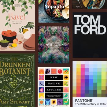 Books with diverse covers displayed, featuring recipes, design, and plants; accompanied by colorful patterns and bold typography, reflecting culinary and artistic themes.
