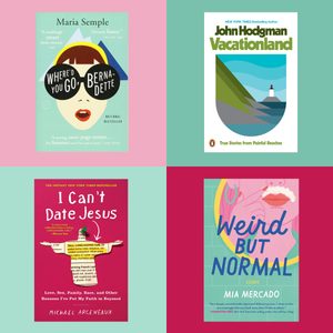 Four colorful book covers with bold titles, including 