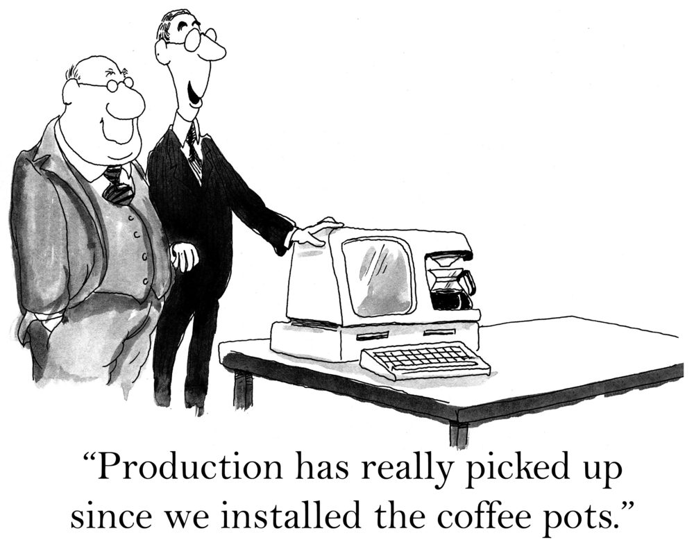 Two smiling men observe coffee pots inside a computer, discussing productivity in an office. Text states, "Production has really picked up since we installed the coffee pots.â€