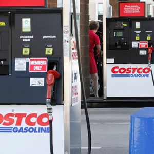 Gas pumps stand idle at a Costco gasoline station, with a person refueling a vehicle, surrounded by 
