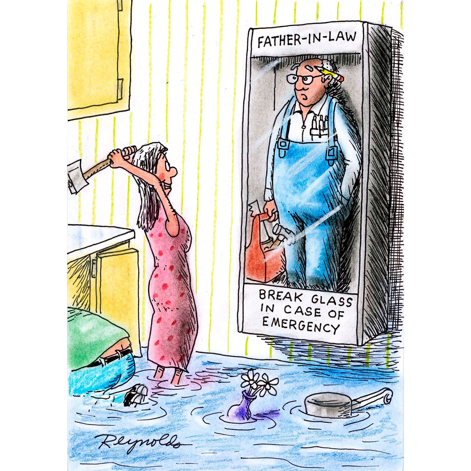 Woman wields axe, preparing to break emergency case containing father-in-law. Kitchen floods, husband struggles fixing leak under sink.