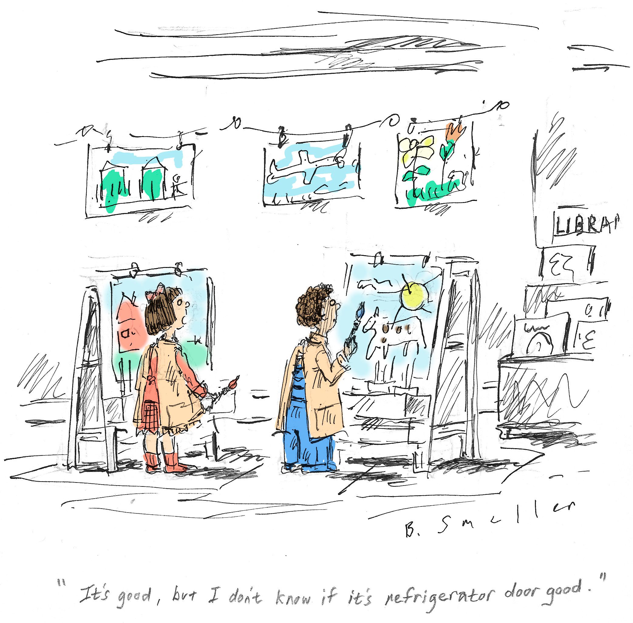Children paint on easels in an art classroom, as artwork hangs overhead. Caption underneath reads, â€œItâ€™s good, but I donâ€™t know if itâ€™s refrigerator door good.â€