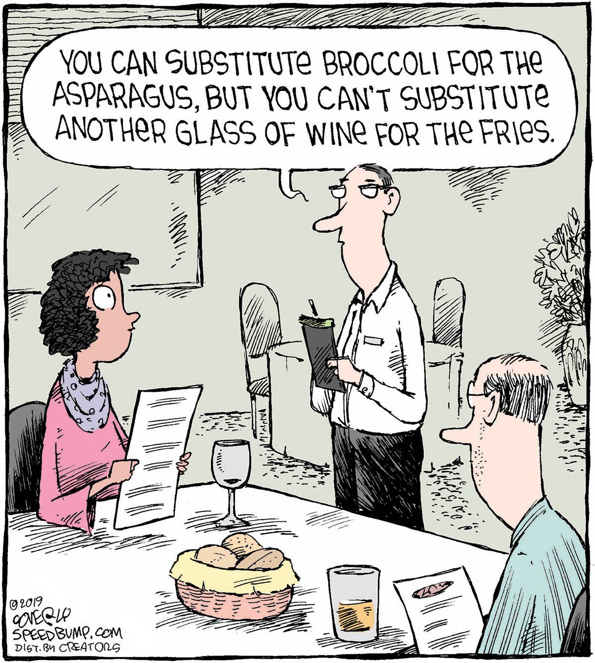 Server explains menu substitutions to a seated couple at a restaurant table with bread and drinks. An amusing speech bubble highlights the interaction.