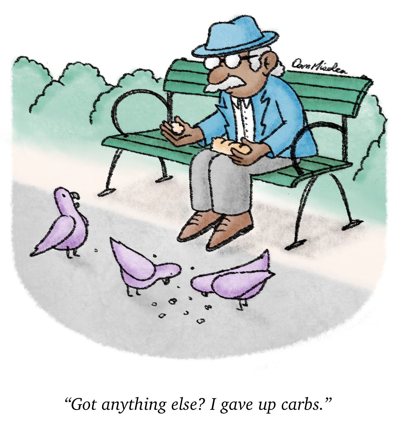 Man feeds pigeons on park bench; one pigeon humorously declines carbs.