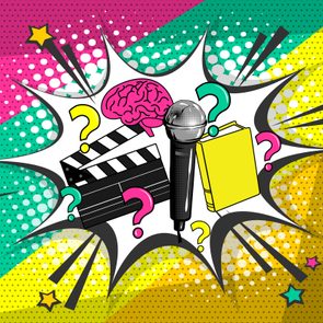 Microphone surrounded by colorful question marks, a brain, book, and clapperboard, set against a vibrant pop art background with stars and dots.