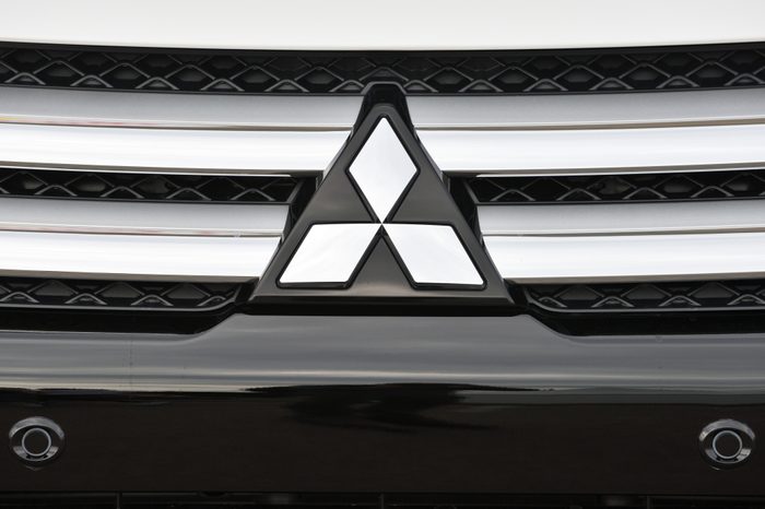 Vilnius, Lithuania - May 18: Mitsubishi logotype on a car on May 18, 2018 in Vilnius Lithuania. Mitsubishi Motors Corporation is a Japanese multinational automotive manufacturer