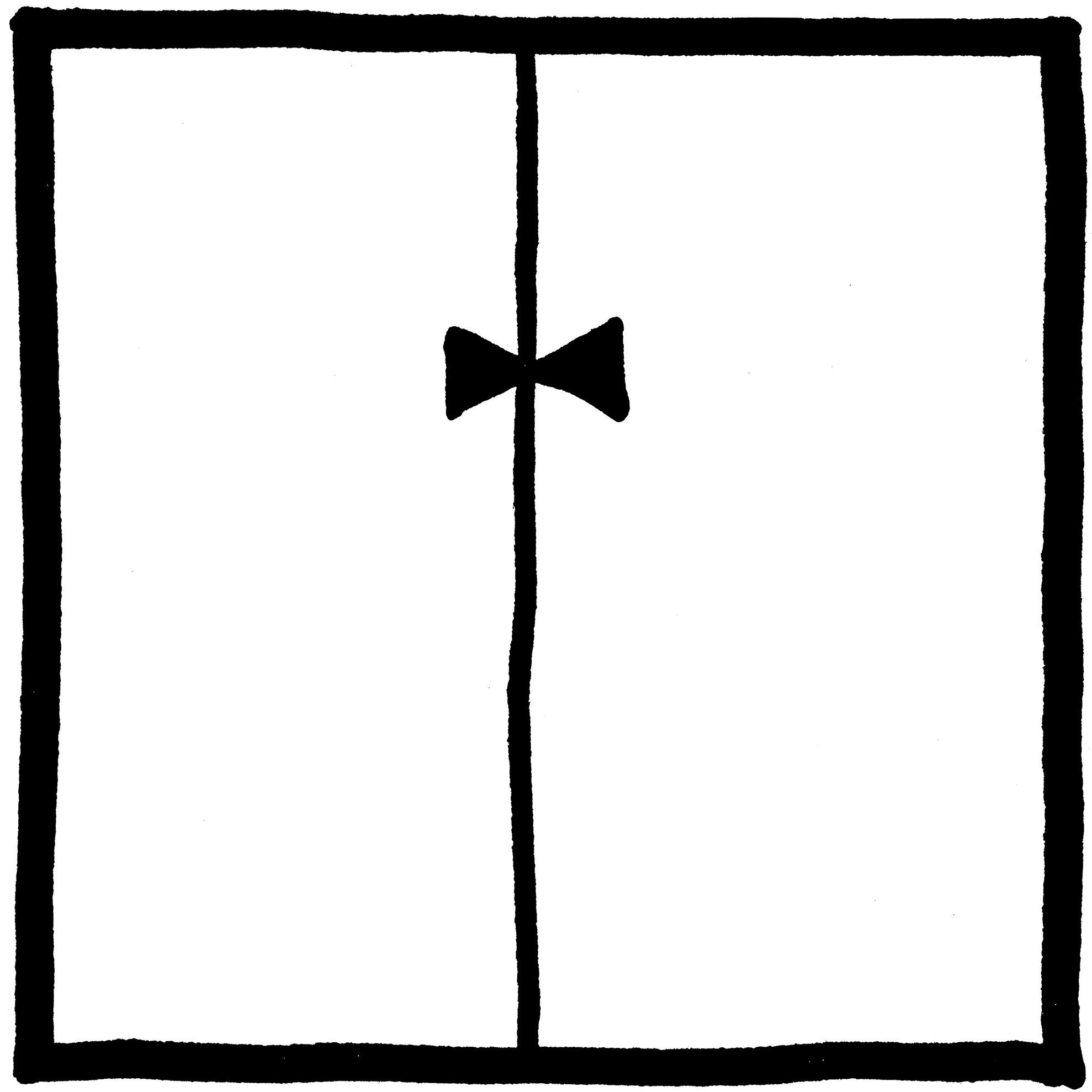 A black bowtie shape rests on a vertical line, centered within a thick, black-bordered square on a plain white background.