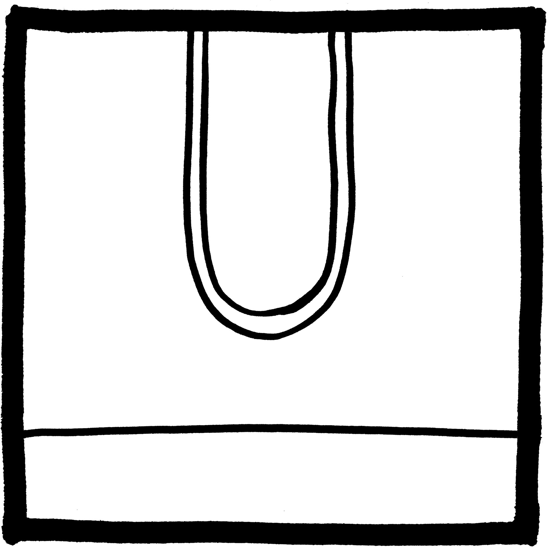 Simple line drawing of a shopping bag with handles, centered within a square frame, against a plain white background.